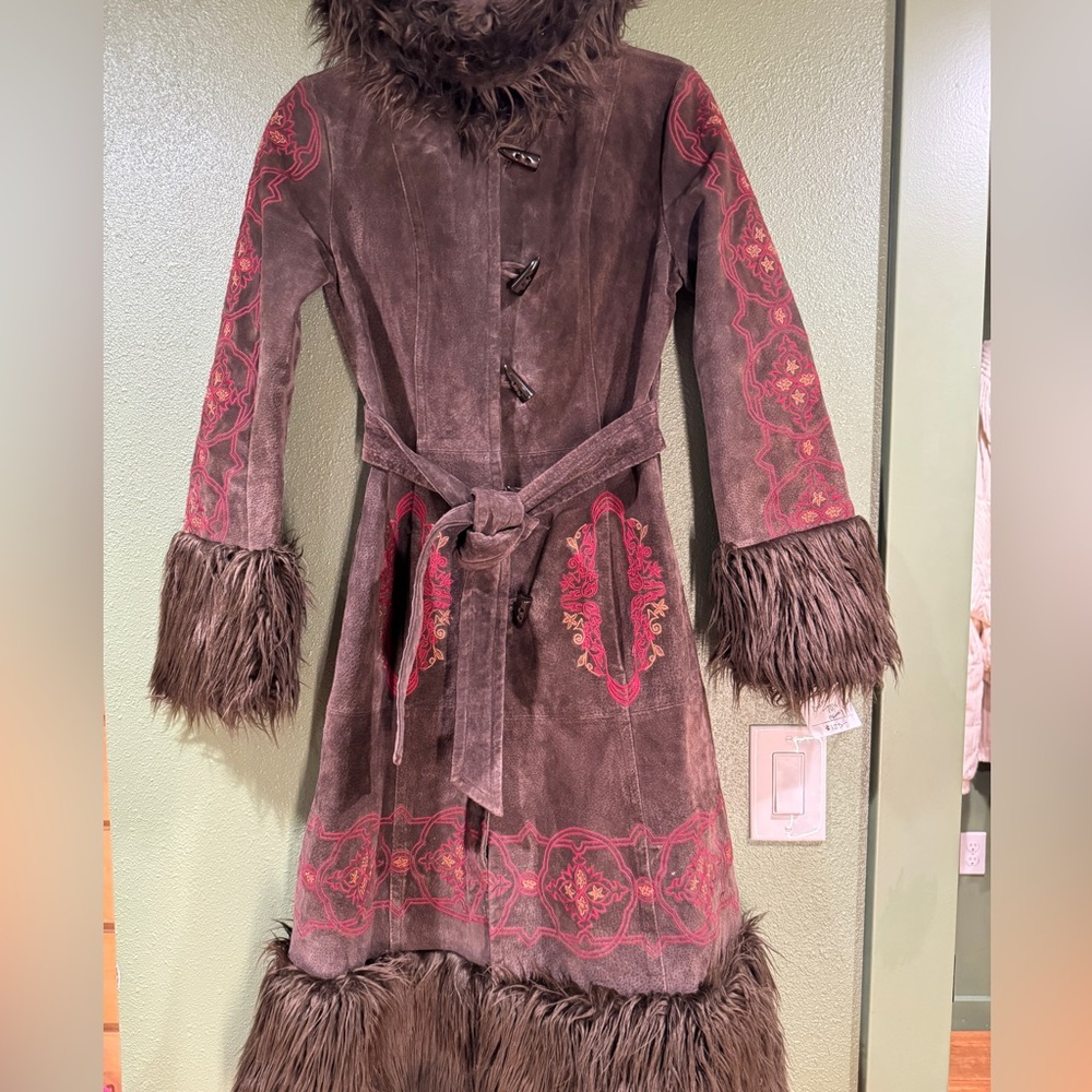 Brown Leather and Pink Embroidered Coat with Faux Fur Trim